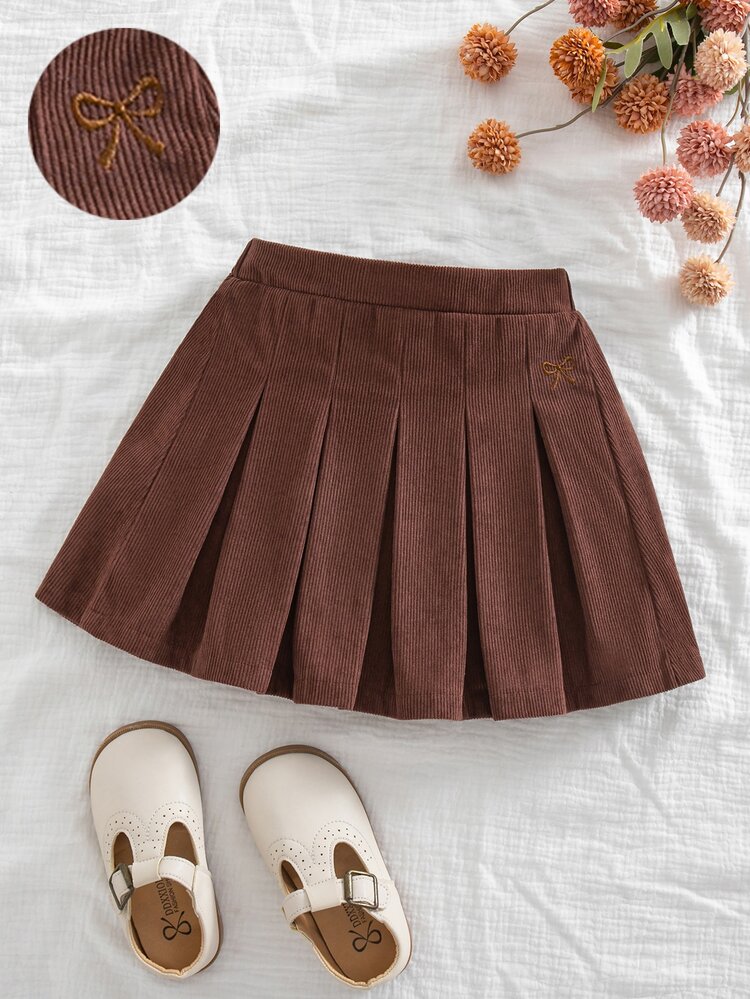 Girls' Simple Corduroy Pleated Mini Skirt, Brown, Suitable For Autumn Daily School Wear - Brown - View 1