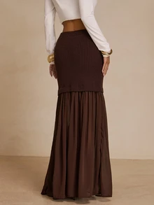 Glamine Women's French Style Ribbed Chiffon Pleated Knit Skirt - Coffee Brown - View 2