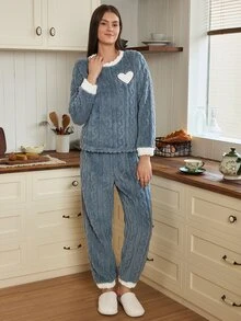 Doze Lane Five-Point Star Embroidered Contrast Color Autumn/Winter Plush Long Sleeve Long Pants Pajama Set - Dusty Blue - View 5