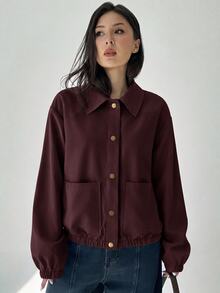 Aloruh Women's Solid Color Long Sleeve Single-Breasted Casual Jacket - Maroon - View 3
