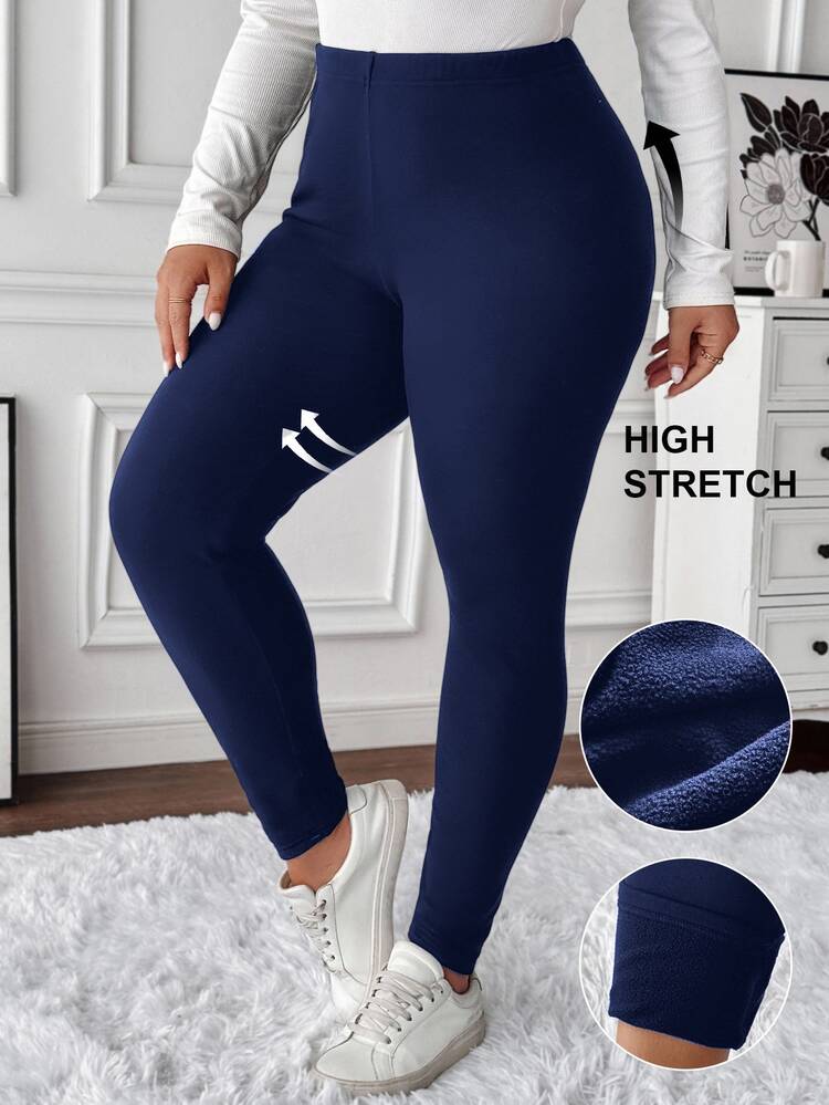 SHEIN LUNE Plus Size Women Solid Color Thermal Lined Casual Versatile Daily Wear Tight Leggings Formal Vacation Chocolate Brown Winter - Blue - View 7