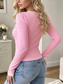 Cévolie Women's Lace Knit Button Elegant Versatile Top - Pink - View 2