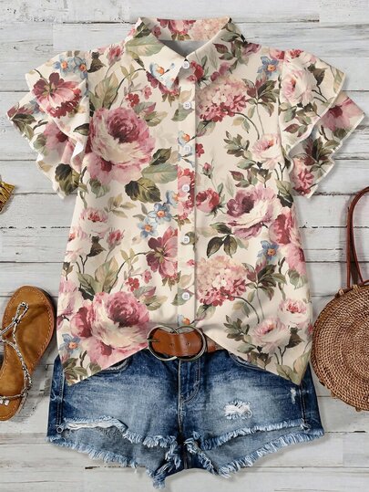 Mellowie Plus Size Thanksgiving Floral Print Casual Loose V-Neck Double Layer Ruffle Flutter Sleeve Top (Autumn/Winter New Arrival)
