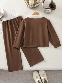 SHEIN Elladie kids 2pcs/Set Girls' Vintage Preppy Outfit, Matching Solid Color Straight-Leg Pants, Clean Fit, Suitable For School And Weekend Outings, Versatile Spring/Autumn Set - Brown - View 2