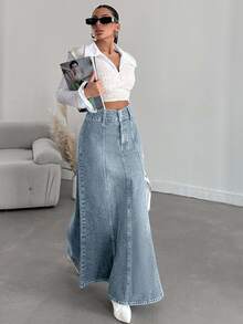 SHEIN Tall Tall High Waist Casual Style Light Blue Wash Regular Fit Double Button Long Denim Skirt - Light Wash - View 4