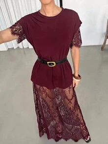 Lavishia 女款圓領短袖透視蕾絲洋裝，蕾絲刺繡透視拍照套裝，黑色花卉，日常優雅派對夜店女裝 - 酒紅色 - 查看 5