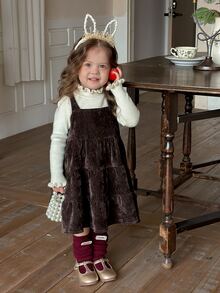DAZY Infant/Toddler (Girl) Solid Color Autumn/Winter Layered Korean Style Casual Pinafore Dress - Coffee Brown - View 5