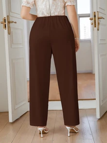 SHEIN PETITE CURVE 大尺碼女款純色休閒直筒長褲，適合日常穿著 - 咖啡棕 - 查看 2