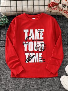 Kids Tween Boys Casual Letter Print Red Long-Sleeve T-Shirt Suitable For The Fall Back-To-School Season Christmas Birthday Party, Taking Photos - Red - View 2