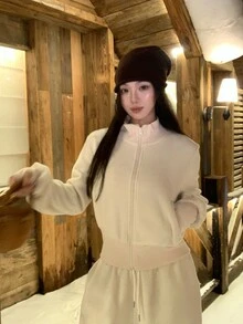 DAZY Women's Korean Style Solid Color Long Sleeve Jacket & Long Pants 2 Pieces Set, Spring/Autumn - White - View 8