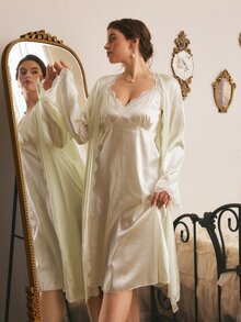 Côtesoire Plus Size Women's Southern French Romantic Elegant Glossy Satin Lace Slip Robe, Lace Robe Nightwear Set - Champagne - View 4