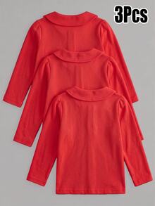 Elladie kids 女童白色3件組長袖 Polo 衫，彼得領搭配精緻愛心鈕扣，基本純色修身長袖 T 恤，適合返校季 - 紅色 - 查看 2