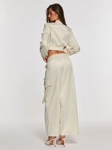 Opulessa Fall/Winter Women's Solid Color Long Sleeve Zipper Front Cropped Baseball Jacket And Cargo Wide Leg Pants Casual 2 Pieces Set - Apricot - View 2