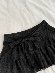 Attitoon Women's Casual Ultra Low Waist Lace Mini Skirt, Vintage, Y2K Style - Black - View 5