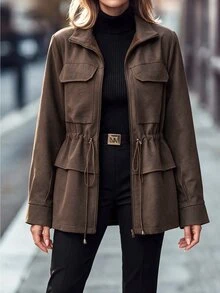 Editum Women's Solid Color Pocket Adjustable Waist Thermal Lined Winter Jacket - Brown - View 5