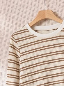 Miaspire Middle-Aged Women Striped Crew Neck Long Sleeve Top And Pants Casual Set - Apricot - View 5