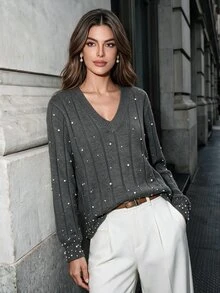 Anewsta Women's Gray Twisted Rope & Bead Embroidered Long Sleeve Sweater - Grey - View 5