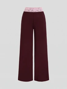 Sweetra Women's Lace Trim V-Neck Long Sleeve Solid Color T-Shirt And Flared Pants, Autumn Outfit, 2 Pieces Set - Burgundy - View 4
