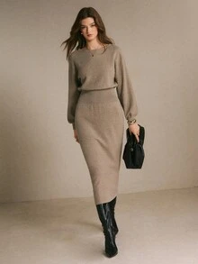Poéselle 2 Pieces Knit Outfit Drop Shoulder Round Neck Sweater & High Waist Midi Skirt Set - Mocha Brown - View 6