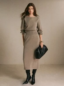 Poéselle 2 Pieces Knit Outfit Drop Shoulder Round Neck Sweater & High Waist Midi Skirt Set - Mocha Brown - View 7