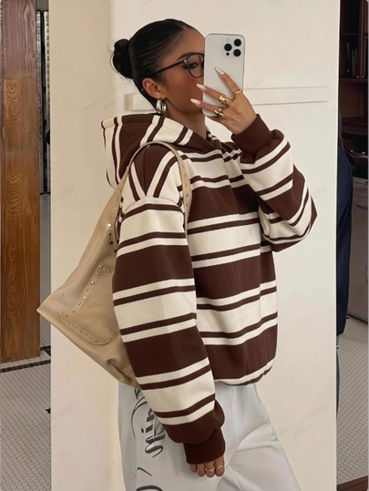 Muchica Sudadera con capucha de manga larga a rayas y bloques de color para mujer, estilo streetwear
