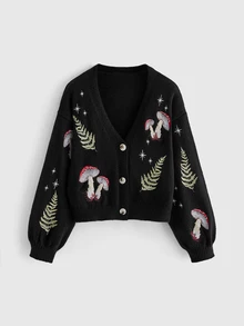 ROMWE Fairycore Vintage Forest Mushroom Herb Star Moon Embroidered Short Loose Fit Versatile Plus Size Cardigan Women Fall Winter Sweater - Black - View 1