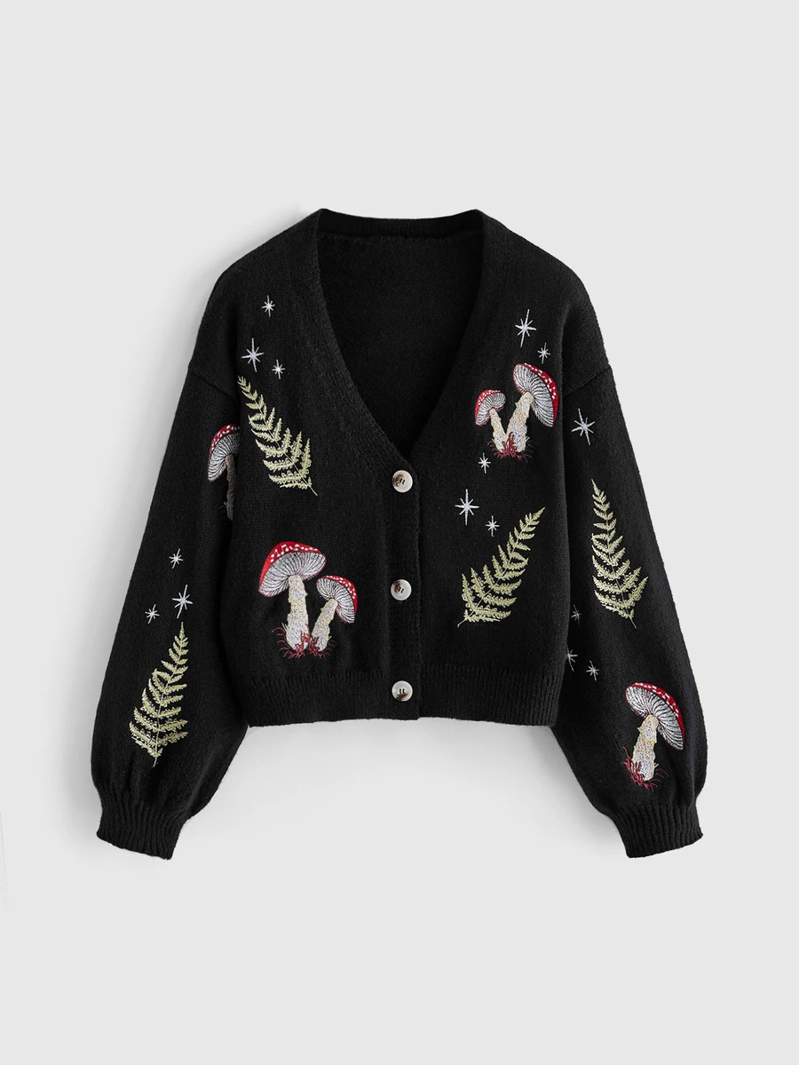 ROMWE Fairycore Vintage Forest Mushroom Herb Star Moon Embroidered Short Loose Fit Versatile Plus Size Cardigan Women Fall Winter Sweater - Black - View 1