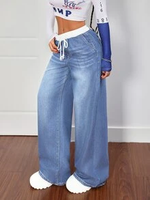 SHEIN PETITE Women's Drawstring Waist Wide Leg Loose Casual Versatile Denim Jeans - Blue - View 4