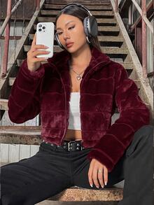 SHEIN Unity 女款拉鍊短版泰迪毛絨外套 黑色毛皮夾克 短版外套 - 酒紅色 - 查看 7