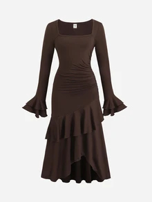 SHEIN Tween Girl Tween Girl Autumn/Winter Elegant Solid Knit Square Neck Flared Sleeve Long Sleeve Multi-Layer Ruffle Asymmetrical Hem Waist-Cinching Long Dress - Brown - View 2