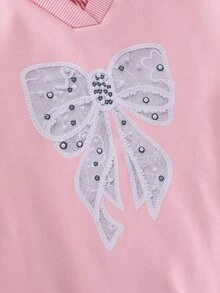 SHEIN Sparklyn 青少年女孩可愛休閒秋冬拼接 2 合 1 蝴蝶結圖案熱轉印刷毛衛衣 - 粉色 - 查看 4