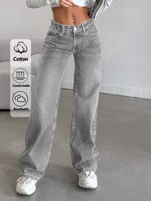 SHEIN Tall بنطلون جينز نسائي كاجوال رمادي فاتح بساق واسعة - أزرق فاتح - مشاهدة 2