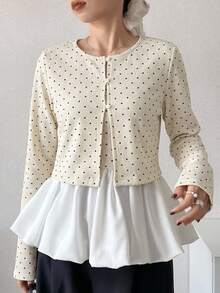 FRIFUL Women's Polka Dot Colorblock Camisole Top And Long Sleeve Cardigan Casual 2 Pieces Set - Beige - View 4