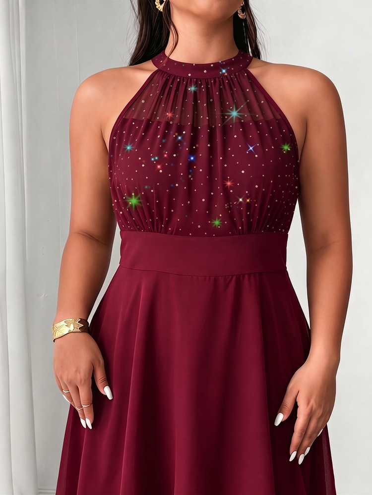 Elenzga Women's Plus Size Round Neck Sleeveless Open Shoulder Shiny Sequin Chiffon Mesh Patchwork Hem Solid Color Double Layer Ruffle Asymmetric Hem Dress, Suitable For Spring/Autumn Party Elegant Dress, Women's Wedding Guest Dress, Graduation Dress, Formal Dress, Halloween Evening Party Dress, Women's Fashion Dress - Burgundy - View 6