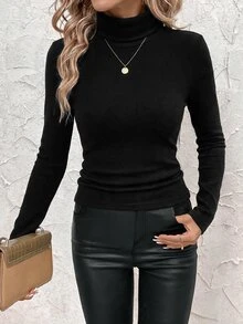 SHEIN Clasi 女款立領抓皺腰部保暖發熱T恤 - 黑色 - 查看 3