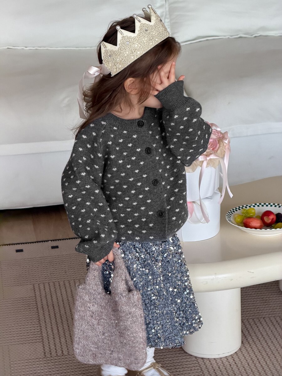 DAZY Infant/Toddler (Girl) Heart Print Long Sleeve Cardigan, Autumn/Winter - Grey - View 1