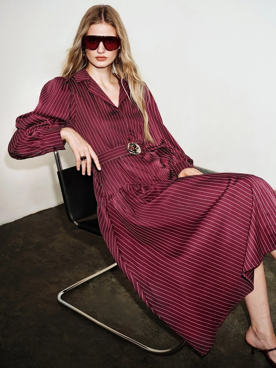 Aveloria Modichic French Elegant Vintage Commuter Burgundy Vertical Striped Blazer Collar Asymmetric Metal Buckle Belt Lantern Sleeve Long Sleeve Dress - Burgundy - View 1