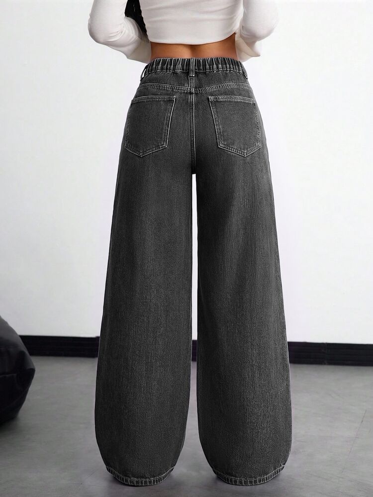 SHEIN ICON Celana Jeans Wanita Ukuran Besar Kasual untuk Liburan, Warna Cokelat, Bahan Tidak Melar, Model Lurus - Dark Grey - View 2