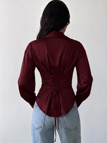 Firerie 女款深棕色長袖襯衫，綁帶收腰設計，休閒性感，適合辦公室、早午餐、夜晚外出，秋季優雅波西米亞風，春夏工作穿搭 - 酒紅色 - 查看 2