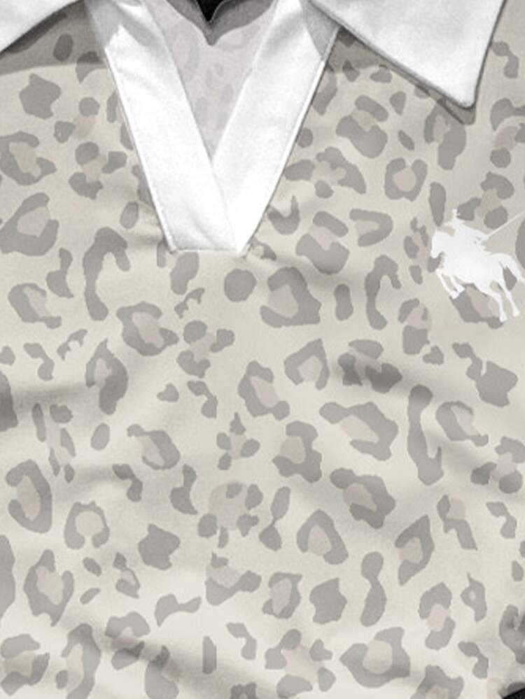 Attitoon 95% Cotton Polo Collar Women's T-Shirt, Light Gray Leopard Print Long Sleeve T-Shirt, Gray And White Leopard Print Casual Minimalist Daily Versatile Party Gathering Airport Outfit Y2K Tops, College Style, Women's Autumn Clothing, Autumn Outfit, Women's Commute Outfit, All-Match Top, Outing Outfit, Airport Outfit - Multicolor - View 4