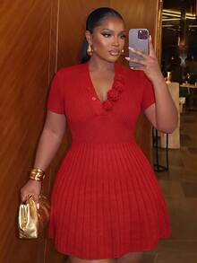 Slaydiva Plus Size VNeck Ruffle Hem Knit Mini Dress, Short Sleeve Slim Fit Party Dress - Red - View 11