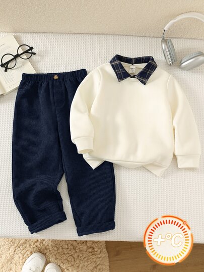 SHEIN 2pcs/Set Young Boy Fleece Lined Thick Apricot Sweatshirt And Green Corduroy Plaid Pants Set, Comfortable Versatile Fashionable Daily Cute Casual Minimalist All-Match Style