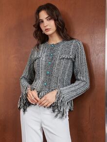 Anewsta Women's Black And White Comfortable Knit Cardigan Top For Autumn - Black and White - View 1