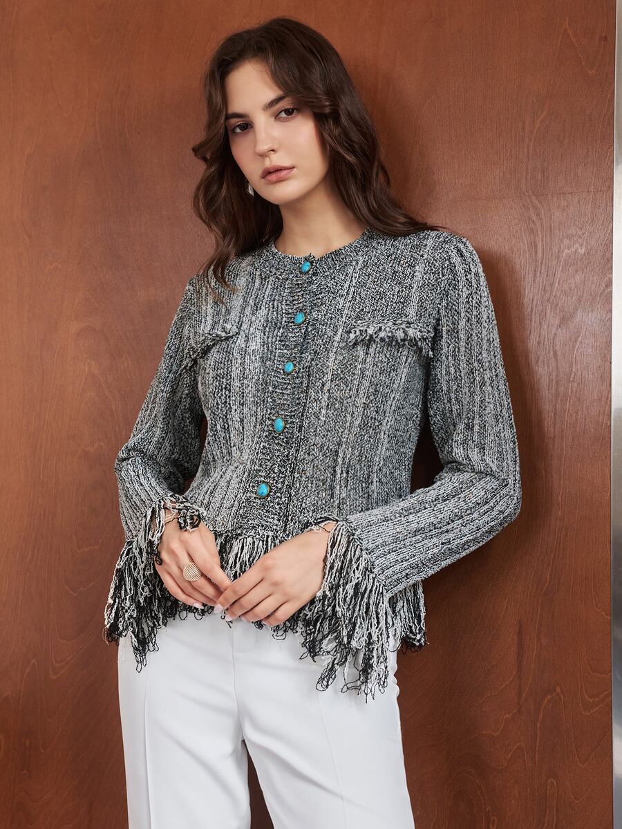 Anewsta Women's Black And White Comfortable Knit Cardigan Top For Autumn - Black and White - View 1