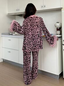 ZzzCrew Hot Girl Pink Leopard Print Sheer 3 Pieces Loungewear Set, Adjustable Spaghetti Strap Lace Bralette, Fuzzy Cuff Sun Protection Cardigan, Drapey Wide Leg Pants, 3 Pieces Set - Multicolor - View 2