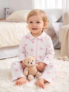 SHEIN Baby Girl Valentine's Day Heart Print Lapel Contrast Trim Button-Front Loose Long Sleeve Top & Straight Soft Thick Brushed Fleece Pants Set, Suitable For Winter - Pink - View 6