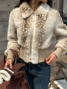 SHEIN EZwear Women's Zipper Front Animal Print Long Sleeve Faux Fur Coat - Khaki - View 3