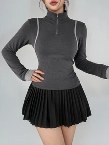 DAZY Women's Autumn/Winter Korean Style Dark Gray Half-Zip Turn-Down Collar Slim Fit Contrast Line Decor Fitness Outdoor Running Polo Shirt Casual Sports T-Shirt - Dark Grey - View 4
