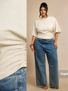 SHEIN BAE Plus Size Autumn Casual Solid Color Batwing Sleeve T-Shirt Gym Brown Fall - Apricot - View 1
