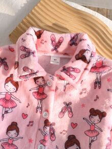 Girls Pink Fleece Bow & Heart Pattern Lapel Front Button Long Sleeve Pants Pajama Set - Multicolor - View 6